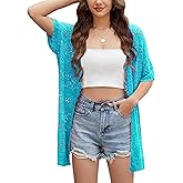 Yekaty Womens Lightweight Crochet Short Sleeve Cardigans Open Front Summer Sweaters Casual Boho Kimonos Cover Up