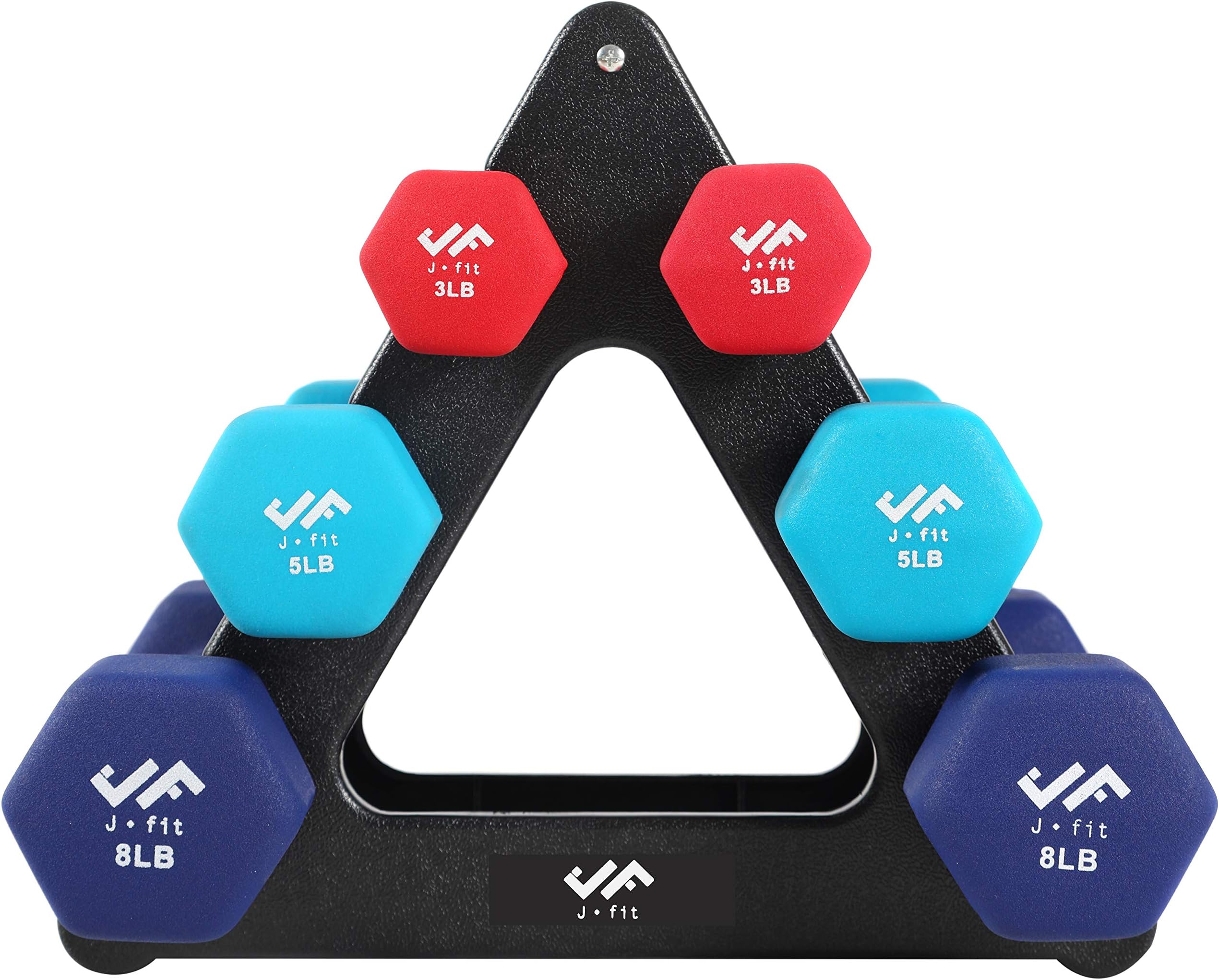 JFIT Dumbbell Set w/Durable Rack | Solid Design | Double Neoprene Coated Workout Weights Non-Chip and Flake | Dumbbells Sets For Gyms, Pilates, MMA, Training (32lb Set)