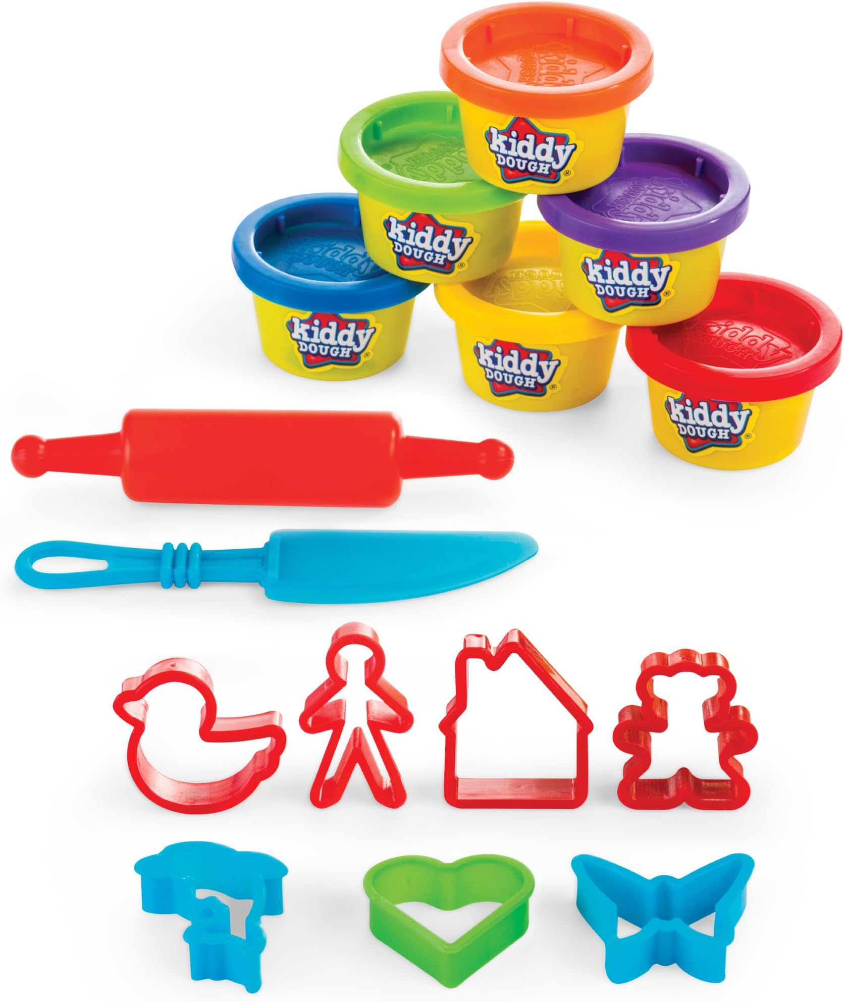 KIDDY DOUGH On The Go – Starter Set with Modeling Tools – Includes 6 Colors of Dough, 7 Cutters, 1 Knife, 1 Rolling Pin & Travel Carrying Case for Endless Design Possibilities – Ages 6+
