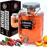 2-Gallon Glass Liquor Decanter Drink Dispenser for Parties - 100% Leakproof Stainless Steel Spigot + Marker & Label and Fruit Infuser, Water Beverage Dispenser Liquid Laundry Detergent Dispenser