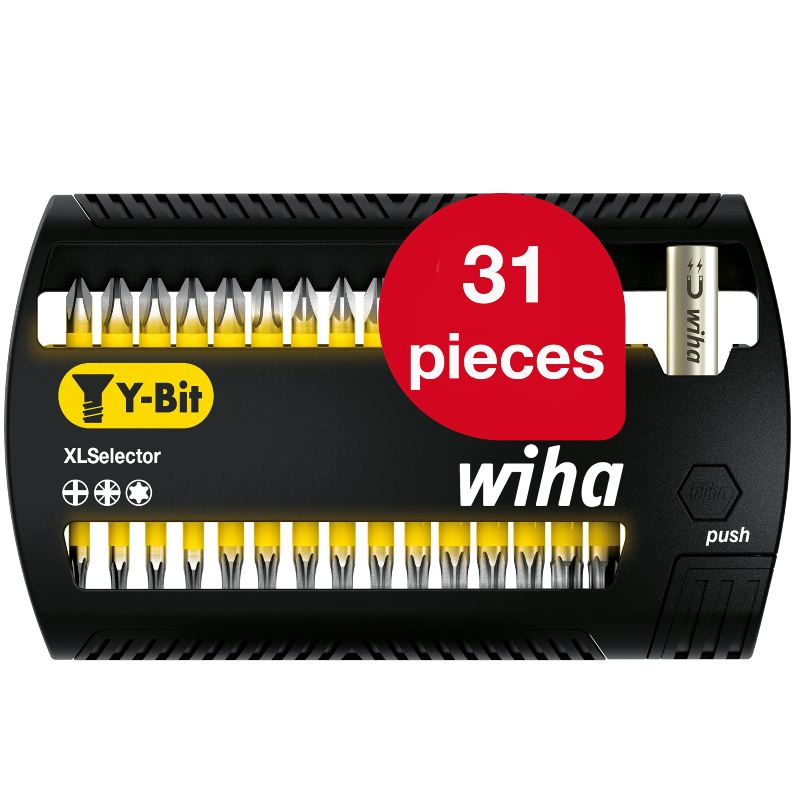 Wiha Bit Set XLSelector Y-Bit 31-TLG. I 25 mm I PH, PZ, TORX 1/4" C6,3 I magnetischer Bithalter I Verschrauben von Schrauben in Y-Form (41832)