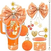 LBU Bling Stanley Cup Accessories for 40/30/20 oz Tumbler with Handle Including Orange Glitter Bow Straw Topper, Heart Straw Cover, Pearl Water Bottle Handle Strap, Boot, Pom-Pom, Keychain Charms