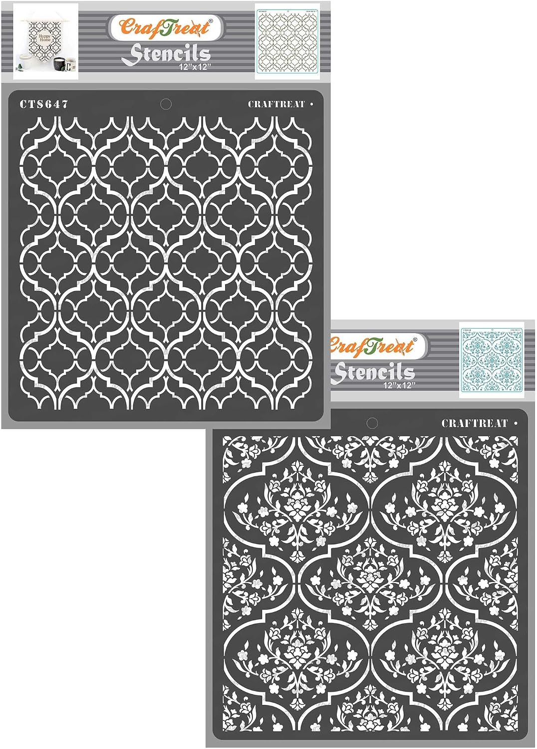 CrafTreat Reusable Trellis Stencils for Painting, Trellis in Trellis and Floral Trellis, 12X12 Inches, 2 Pcs