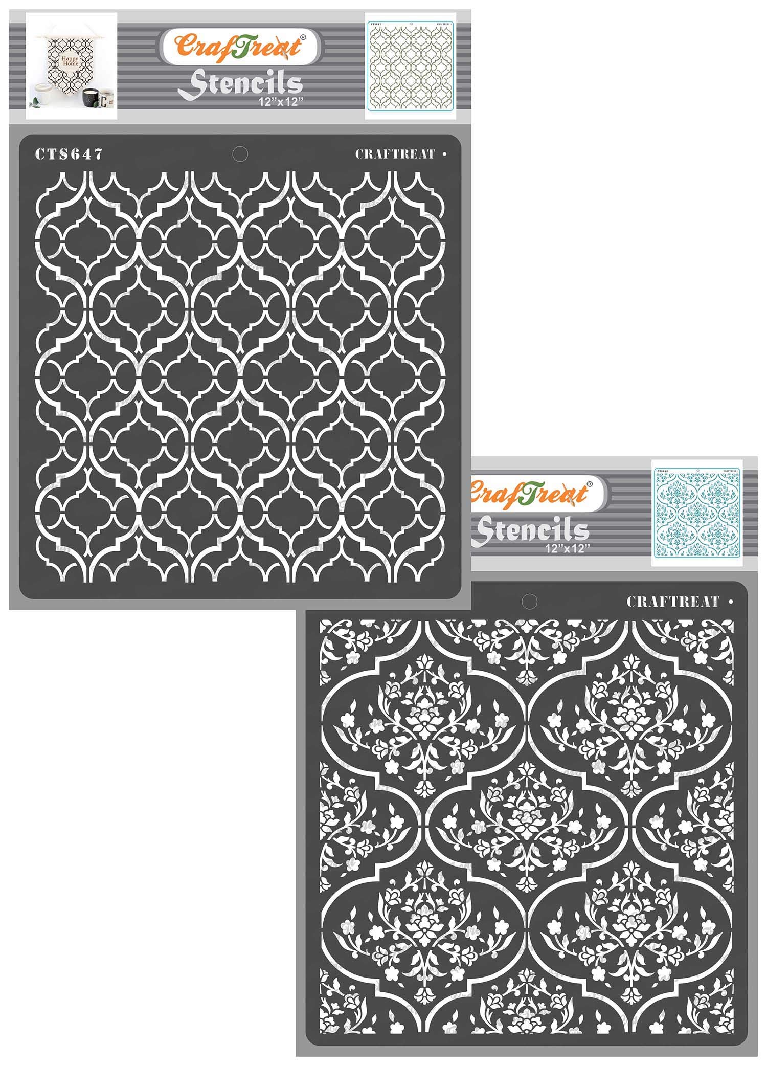 CrafTreat Reusable Trellis Stencils for Painting - Trellis in Trellis and Floral Trellis - 12X12 Inches - 2 Pcs - Moroccan Trellis Stencil for Furniture Painting - Background Stencils for Scrapbooking