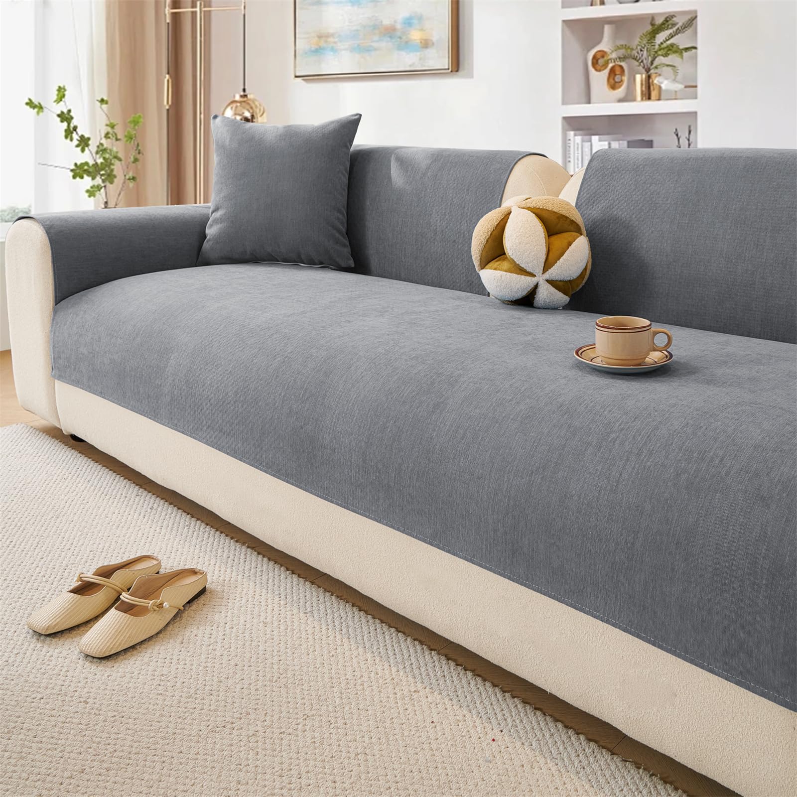 LINGKY Soft Chenille Sofa Cover 1 2 3 Seater, Non-Slip Sofa Slipcovers for Corner L Shape, Funny Fuzzy Sofa Cover, Thick Textured Sofa Cushion Covers Furniture Protector (Gray,70x90cm)