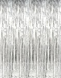 GOER 3.2 ft x 9.8 ft Metallic Tinsel Foil Fringe Curtains for Party Photo Backdrop Wedding Decor (Silver,1 Pack)