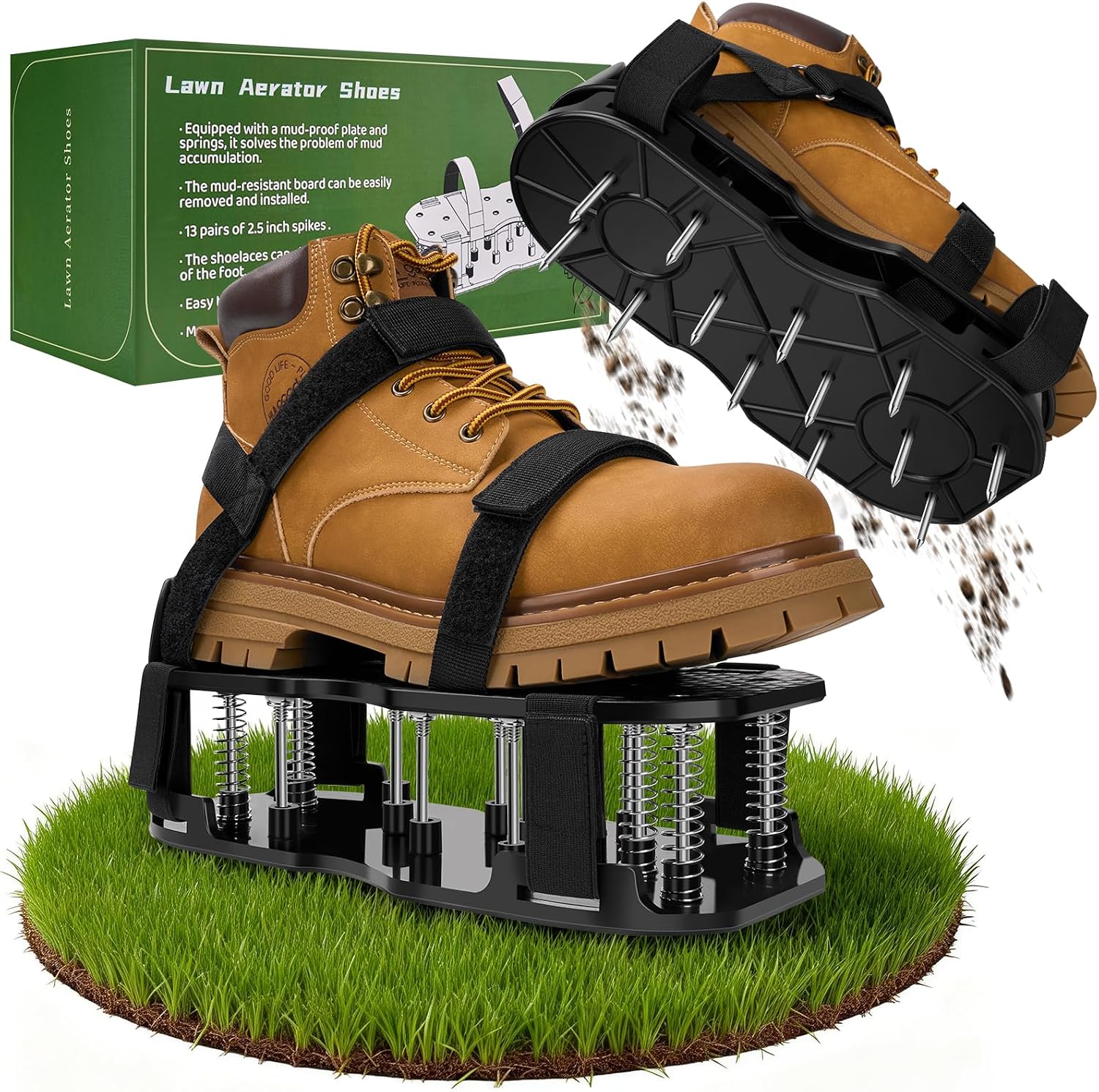 DWAEEGG Lawn Aerator Shoes, Pre-Installed Two-Layer Spike Aerator Shoes Tool with Hook-and-Loop Adjustable Straps, Durable and Self-Cleaning for Patio Garden Soil and Plat Grassland, B & S