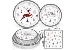 Homlouue 200PCS Christmas Paper Plates and Napkins, Reindeer Christmas Disposable Dinnerware Set, Merry Christmas Holiday Party Plates, Modern Simple Plates for Christmas Party Xmas Decor Serves 50
