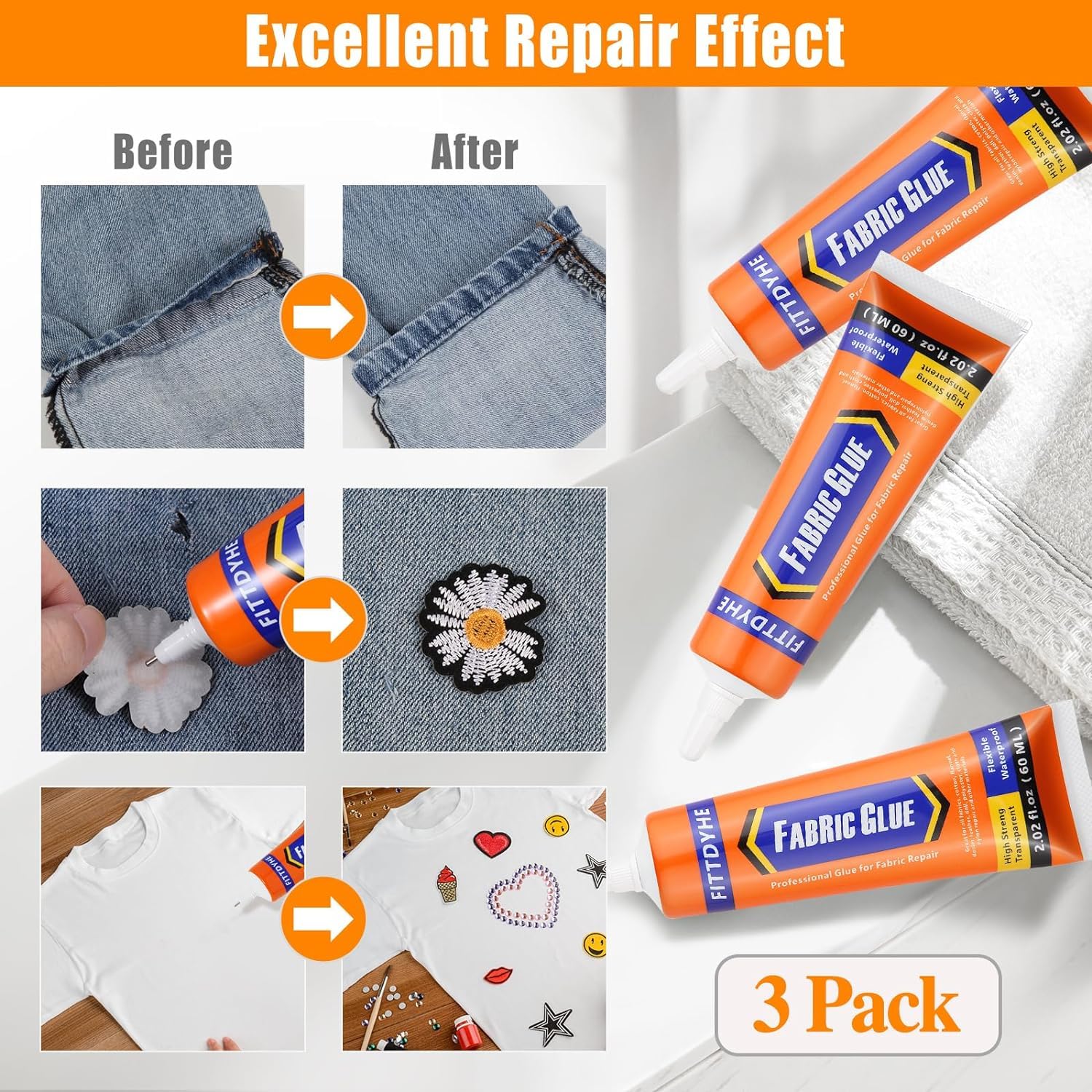 3Pcs Fabric Glue Permanent, 60 ML Washable Clear Clothing Glue, Super Fabric Glue for Rhinestones, Patches, Clothes, Denim, Leather, Polyester, Fabrics, Doll Repair, Flannel, Cotton