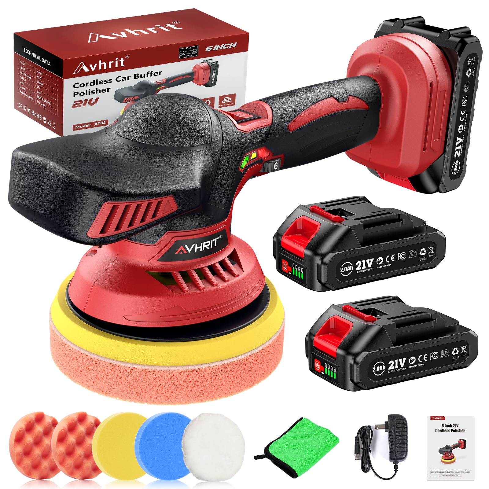 Photo 1 of Avhrit Cordless Car Buffer Polisher kit w/ 2x2000mAh 21V Batteries, 6 Inch Car buffer Waxer Kit w/ 6 Variable Speed & Extra 10 PCS Attachments, Polisher for Car Detailing,Boat Sanding,Scratch Removing
