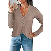 MAOECO Womens Cardigan Sweaters Trendy Cropped Button Up Long Sleeve V Neck Loose Boho Casual Knit Tops Fall Outfits