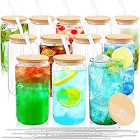 Joyclub Glass Cups with Bamboo Lids and Straws 12 Set 16 oz Reusable Iced Coffee Cup Beer Can Drinking Jars for Smoothie Whis