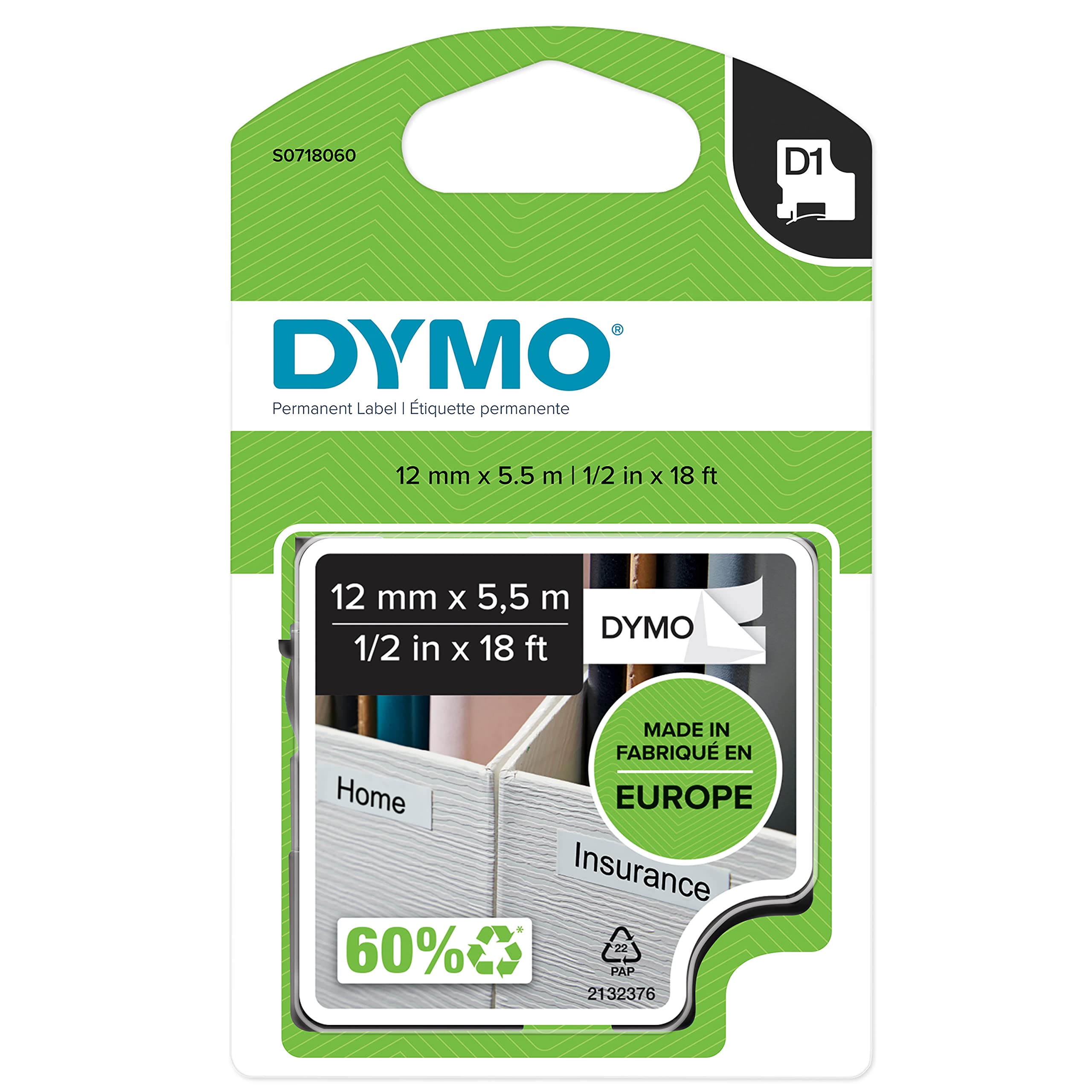 DYMO D1 High-Performance Permanent Polyester Labels | 12 mm x 5.5m Roll | Black Print on White | Self-Adhesive Labels for LabelManager Label Printers | Authentic