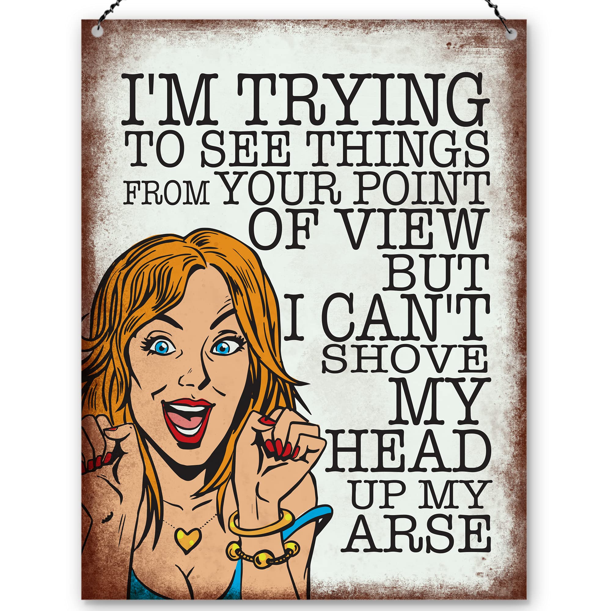 Dorothy Spring I'm Trying To see Things From Your Point Of View But I Can't Shove My Head Up My A Sarcastic Funny Quote Pop Art Retro Metal Sign Wall Plaque Decoration15x20cm