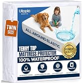 Waterproof Twin Size Mattress Protector fits Upto 15" Deep Pocket | Utopia Bedding 200 GSM Soft &amp; Breathable Mattress Cover, Dirt-Proof, Noiseless, Machine Washable Fitted Sheet Style, White