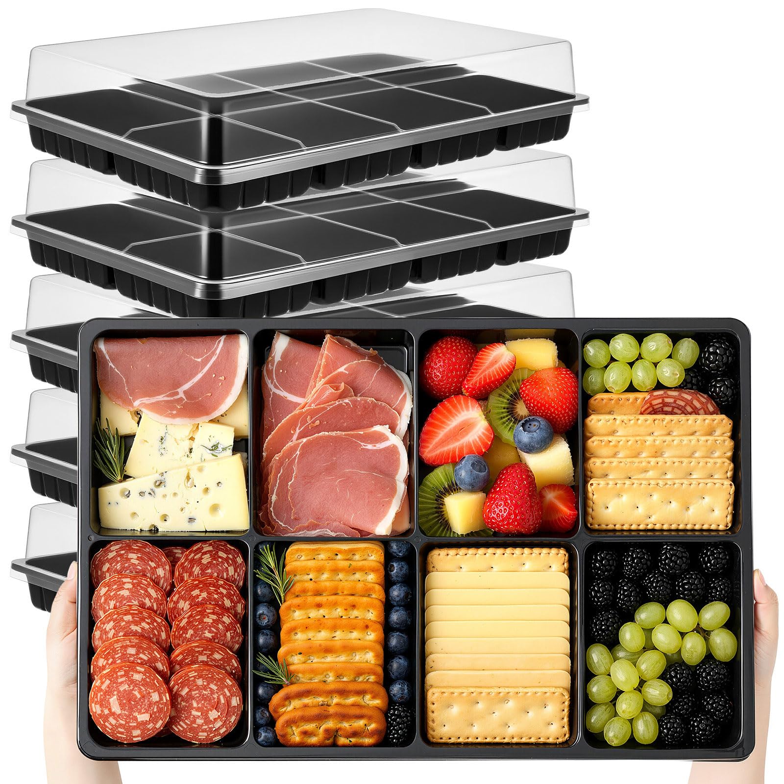 Photo 1 of Shellwei 5 Pack Extra Large 8 Compartments Divided Travel Charcuterie Board Serving Trays with Lid 15 x 10 Inch Reusable Plastic Catering Trays Serving Platter for Cookie Snack Party