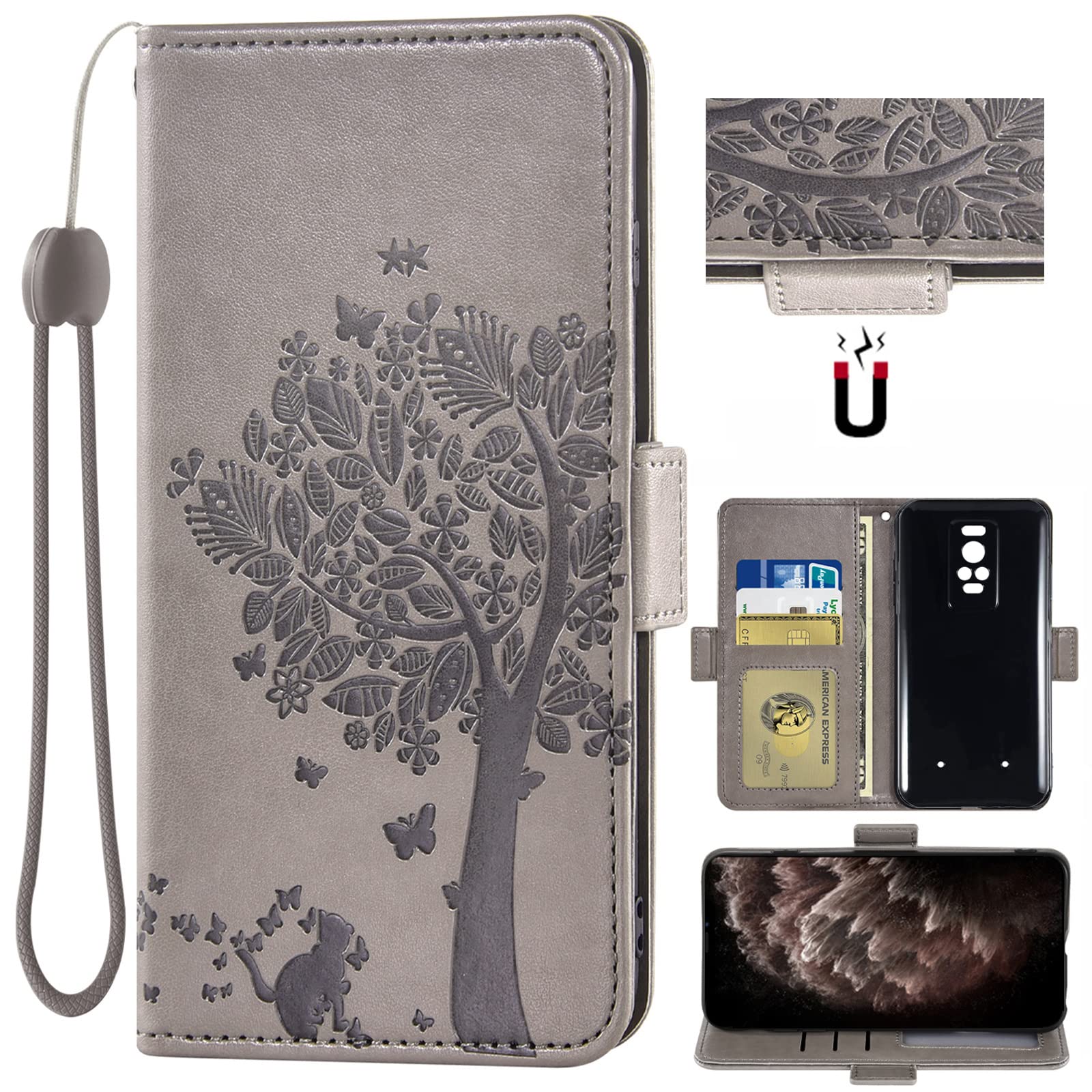 Auotu Case with tree pattern PU Leather Magnetic Flip Protective Wallet Cover For Ulefone Armor 17 Pro Smartphone (Grey)