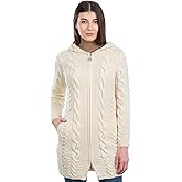 SAOL 100% Merino Wool Aran Cable Knit Hooded Zip Cardigan Irish Coat