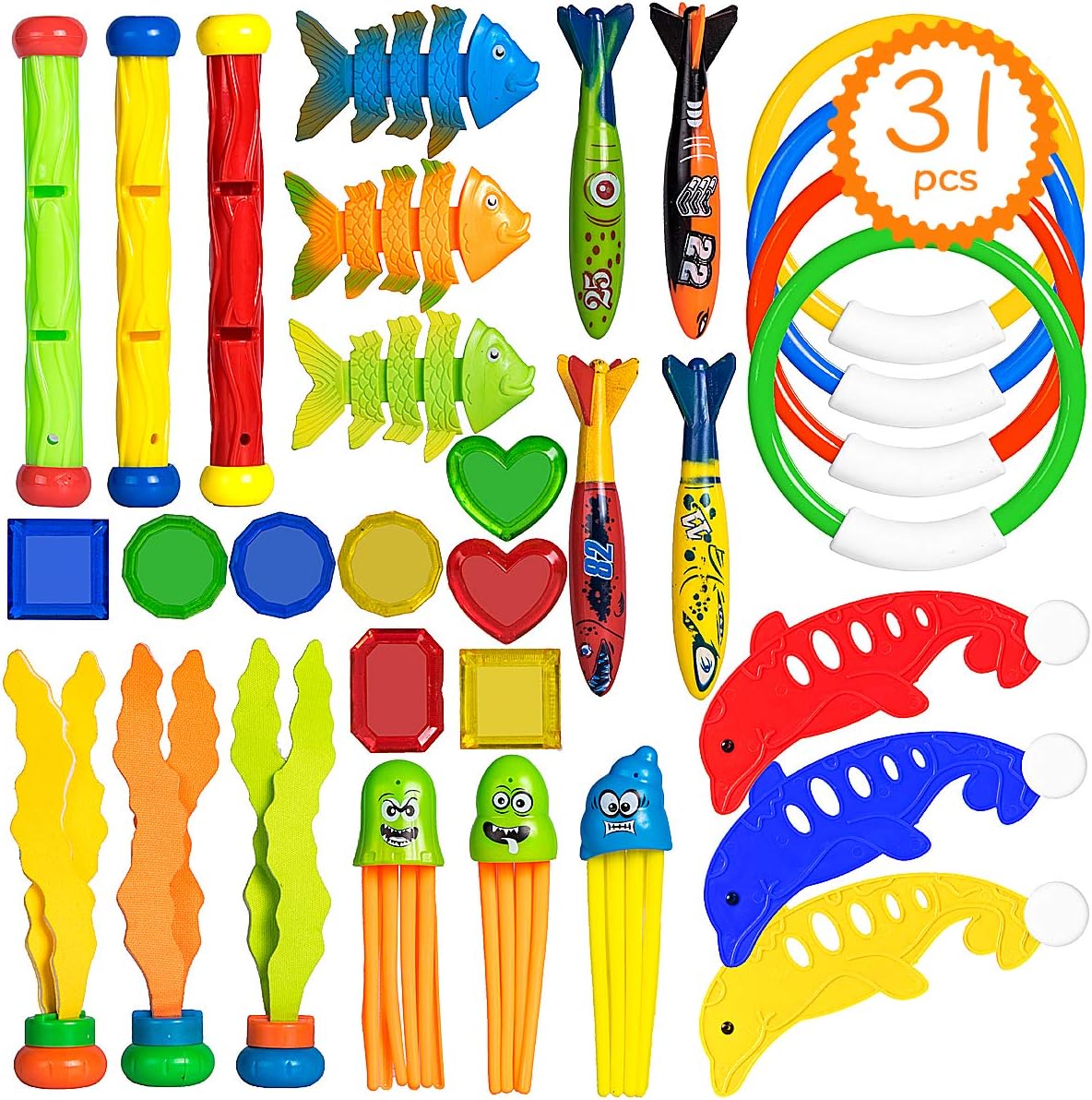 LoiStu 31 Diving Pool Toys, Used Underwater, Includes Ring (4), Toy Torpedo (4), Diving Sticks (3), Dolphin (3), Seaweed (3), Fish Toys (3),Octopus (3), Gemstone (8)