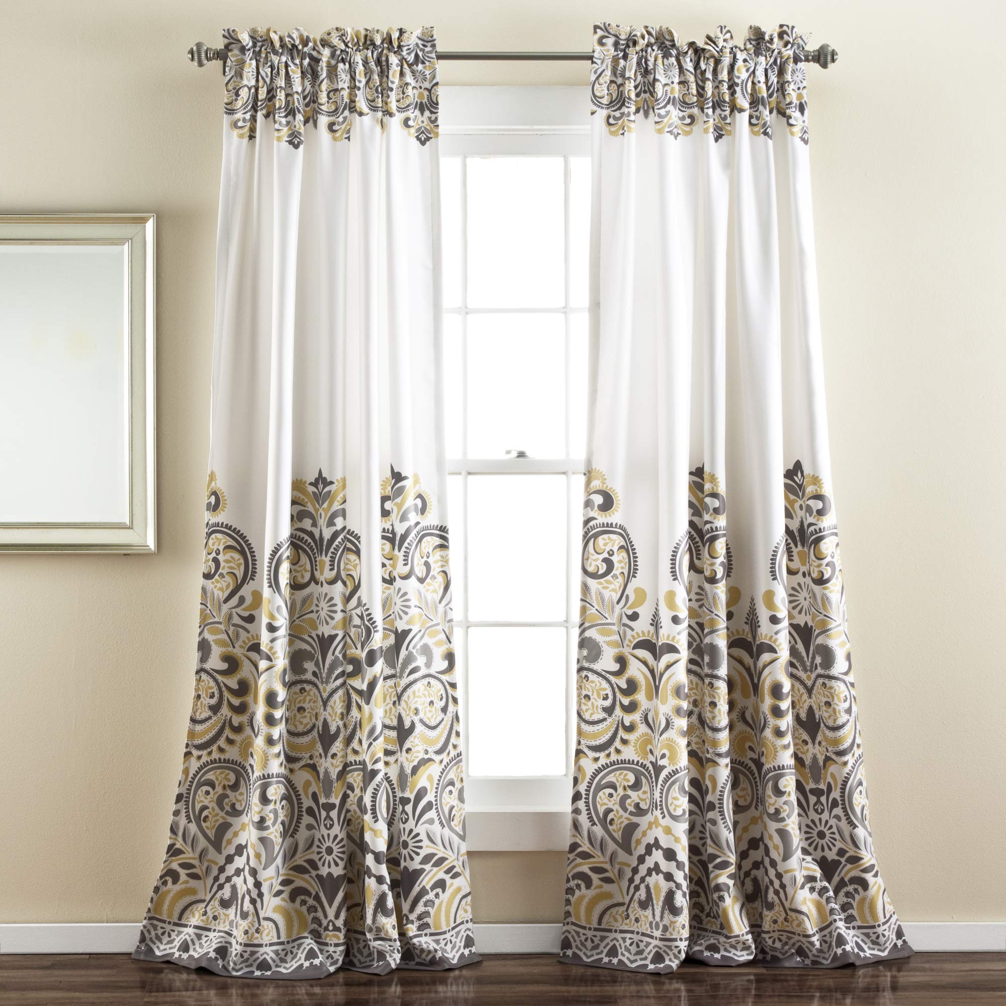 Lush Decor Clara Curtains Paisley Damask Print Bohemian Style Light Filtering Window Panel Set for Living, Dining, Bedroom (Pair), 52" W x 84" L, Gray & Yellow