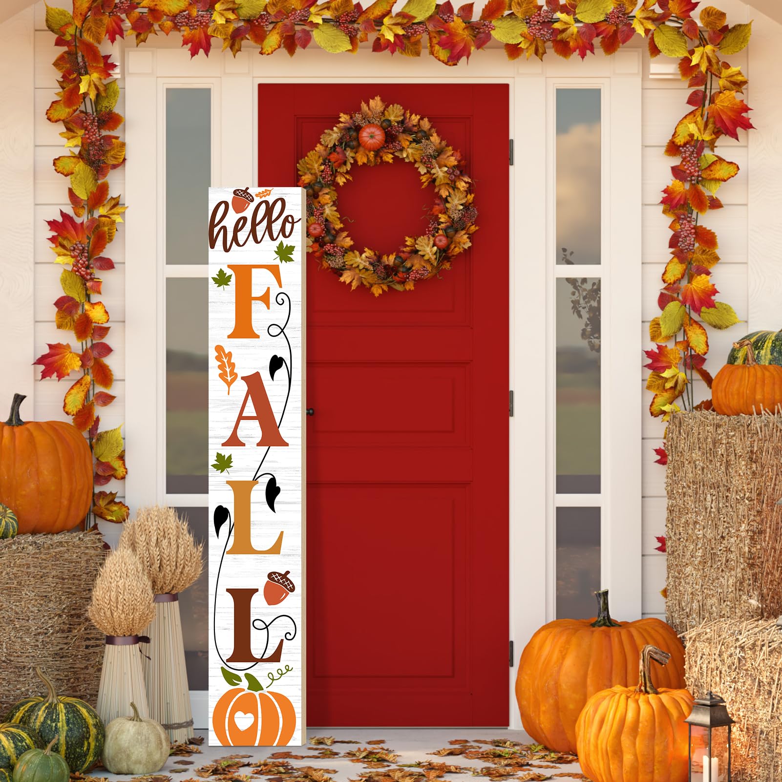 Photo 1 of TOMPOP Fall Wooden Porch Sign 47.2" Hello Fall Pumpkin Welcome Sign for Front Porch, Vertical Standing Outdoor Porch Decor for Home Front Door Yard Farmhouse Hanging Fall Decoration