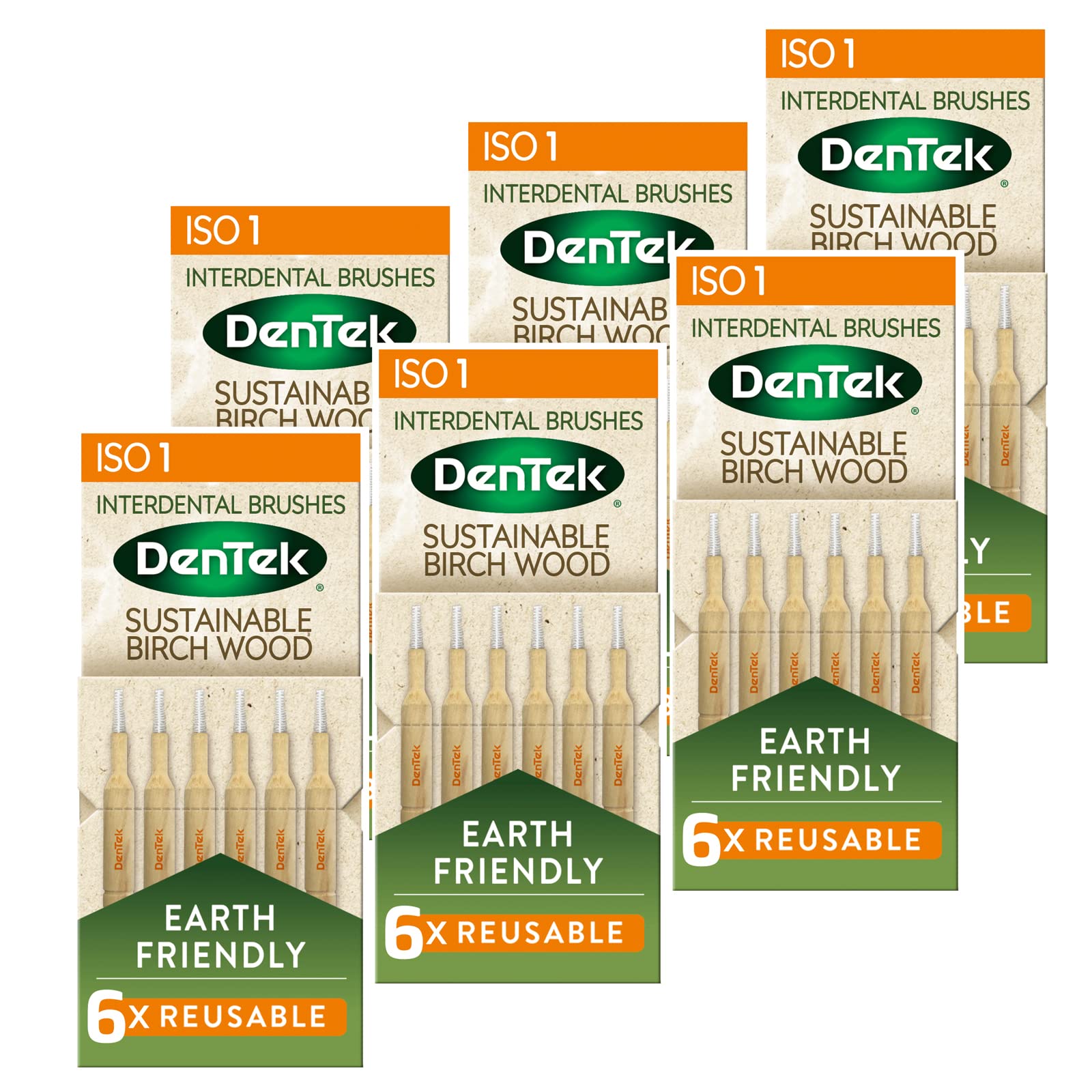 DenTek Earth Friendly Birch Wood - 6 Count x 6 Packs (36 Brushes) Interdental Brushes ISO1/0.45mm - Green