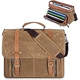 YARWO Mens Messenger Bag with Accordion File Folder, Vintage Leather Waxed Canvas Briefcase Fits 17 inch Laptop, Waterproof Crossbody Work Satchel Bag with Shoulder Strap for School, Business, Travel