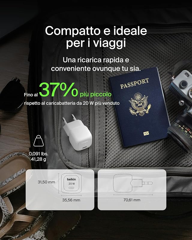 BoostCharge Caricabatteria da parete compatto da 20 W, ricarica rapida USB-C Power Delivery per Apple iPhone 16, Samsung Galaxy S25, iPad, AirPods e altri, cavo da USB-C a C incluso, bianco