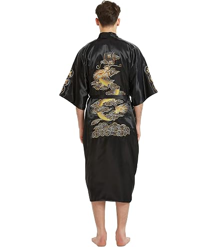 mens silk dressing gown dragon Bon amixyl Mens Kimono Robe Reversible Silk Bathrobes Chinese Dragon Style Lightweight with BeltBLACK/RED S at Amazon Men's Clothing store