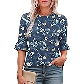 Rapbin Womens 3/4 Length Sleeve Tops Loose Fit Casual Crew Neck Shirts Ruffle Tunic Blouses