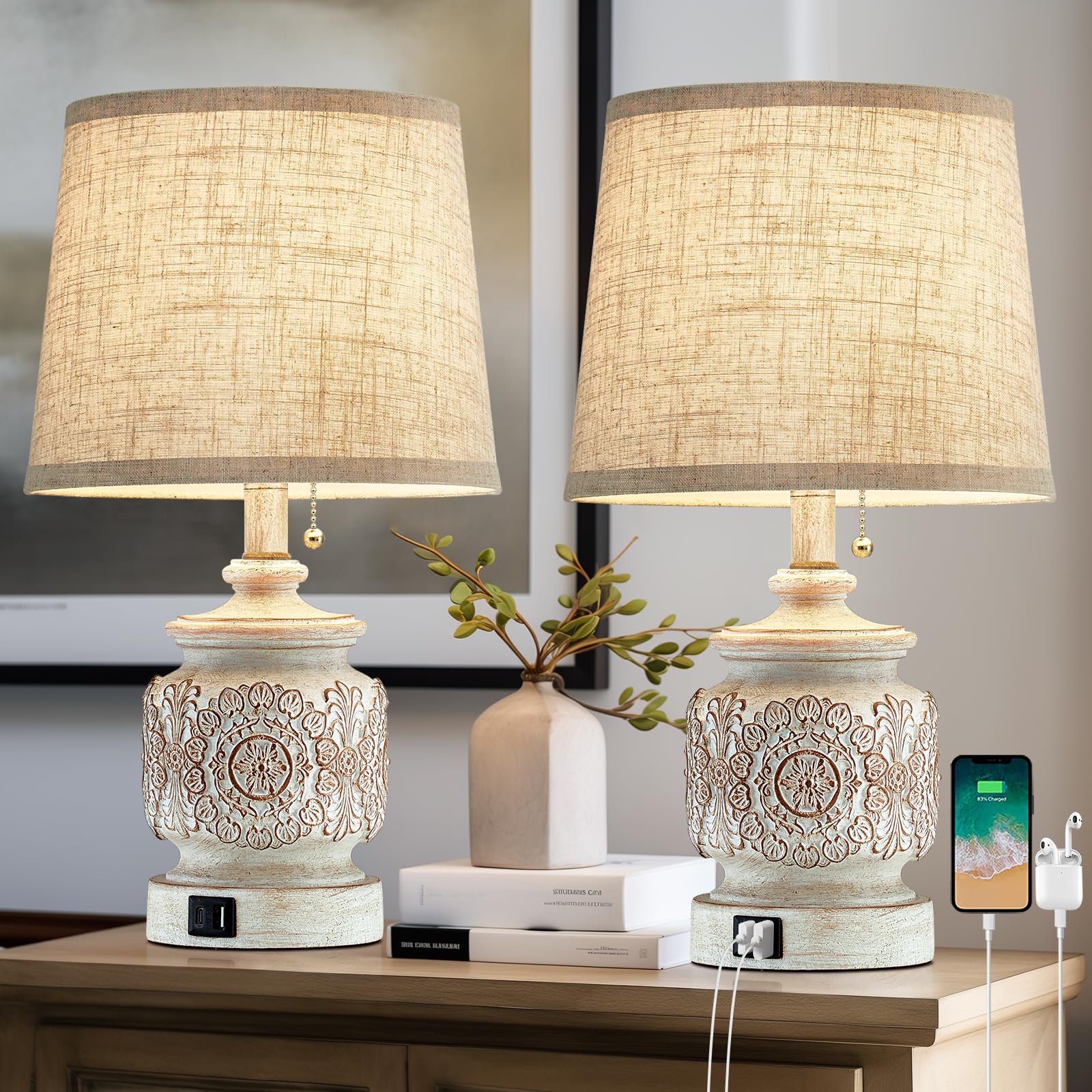 Photo 1 of 19.5" Farmhouse Vintage Table Lamps for Living Room Set of 2 Traditional Rustic Bedside Lamps for Bedrooms Nightstand with USB Ports Carved Floral Night Light Lamp for Office Decor,Pull Chain