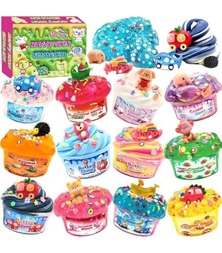 Kit De 12 Fluffy Butter Slimes – 12 Couleurs – 60 Ml Chacun – Avec 12 Mini Breloques – Antiadhésif – Cadeau Sensoriel