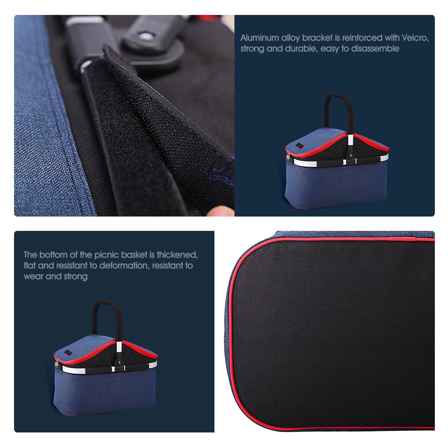 Collapsible Soft Cooler Bag 30L Family Size Insulated Folding Picnic Basket Service for 4 Person’s Food and Drink Keep Hot/Cold/Fresh for Hours Waterproof Insulation Tote With Aluminum Handle-Blue