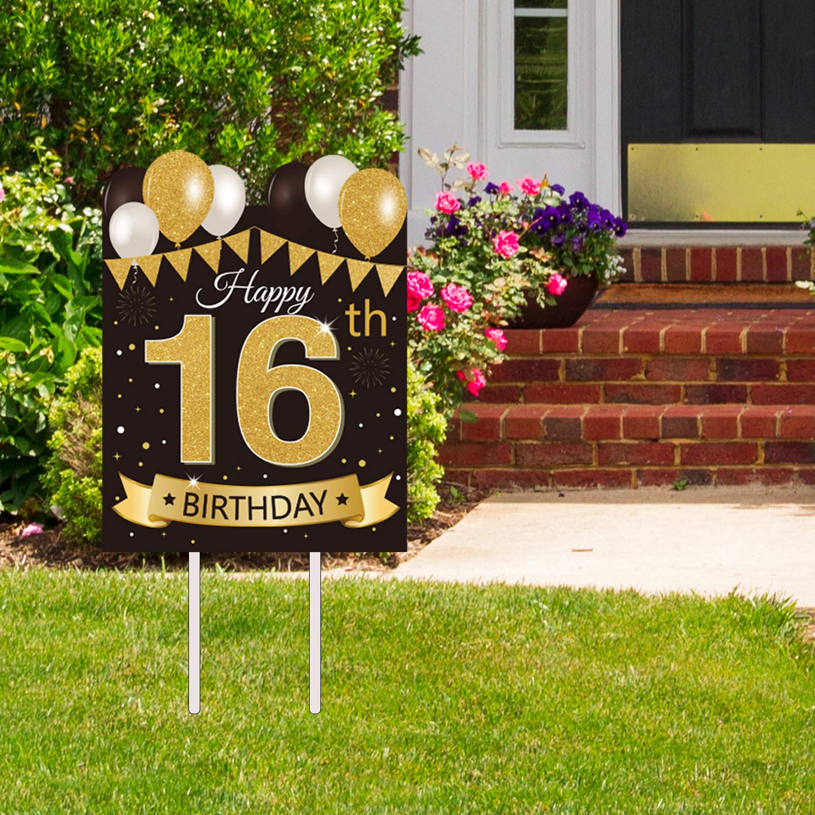 Large Happy 16th Birthday Party Yard Sign Black Gold 16 Birthday Yard Signs with Stakes and Outdoor Lawn Decorations