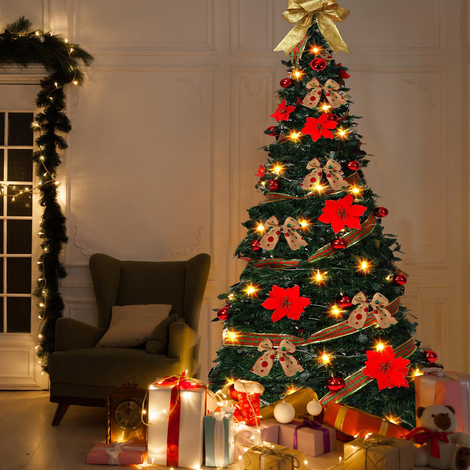 Photo 1 of Umigy 6ft Christmas Tree Pop Up with Lights Collapsible Christmas Tree with 200 Warm Lights Decorated Pre Lit Artificial Xmas Trees with Red Gold Ball Ornaments Bows Ribbons Holiday Party Decoration