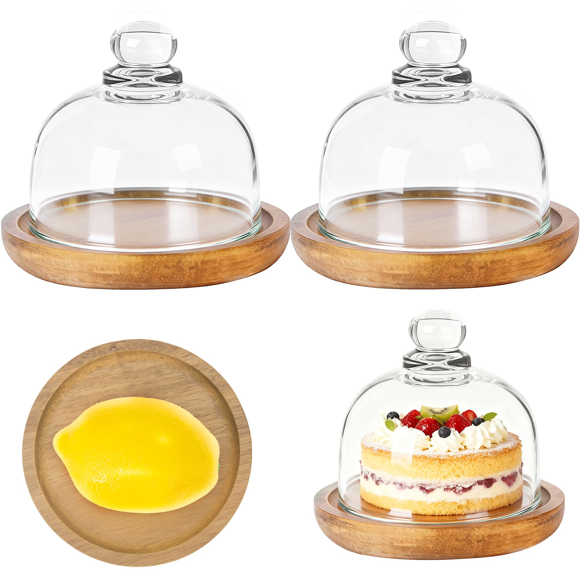2 Pack Wooden Base Mini Cake Display Stand with Glass Dome,Cloche Clear Glass Bell Jar Cover for Dessert Cheese Candy Plants Succulents (4.1 x 3.7 Inch)