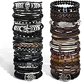 Zobnexts 31Pcs Braided Leather Bracelets for Men Women Punk Wrap Wood Beads Bracelets Adjustable Hemp Cords Ethnic Tribal Handmade Wrap Wristband Punk Gothic Evil Eye Skull Skeleton Bracelet