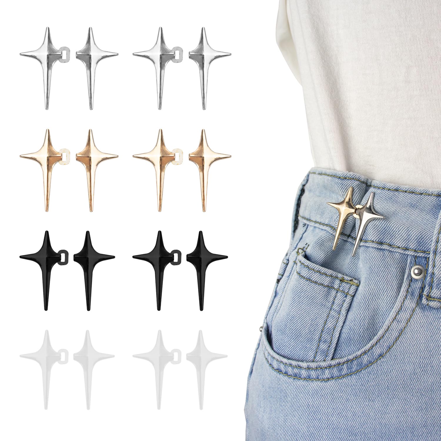RichLuck 8 Pairs Jean Buttons for Loose Jeans, Star Waistband Tightener, Adjustable Waist Buckle Extender, Reusable Waist Tightener for Trousers No Sew Button Pins for Jeans(4 Colors)