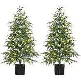 Juegoal 3FT Pre-Lit Artificial Christmas Tree 2 Pack, Norfolk Potted Tree | Lighted Realistic Fake Green Plants with Lights, Battery Powered &amp; 8 Modes for Home Front Door Porch Entryway Holiday Decor