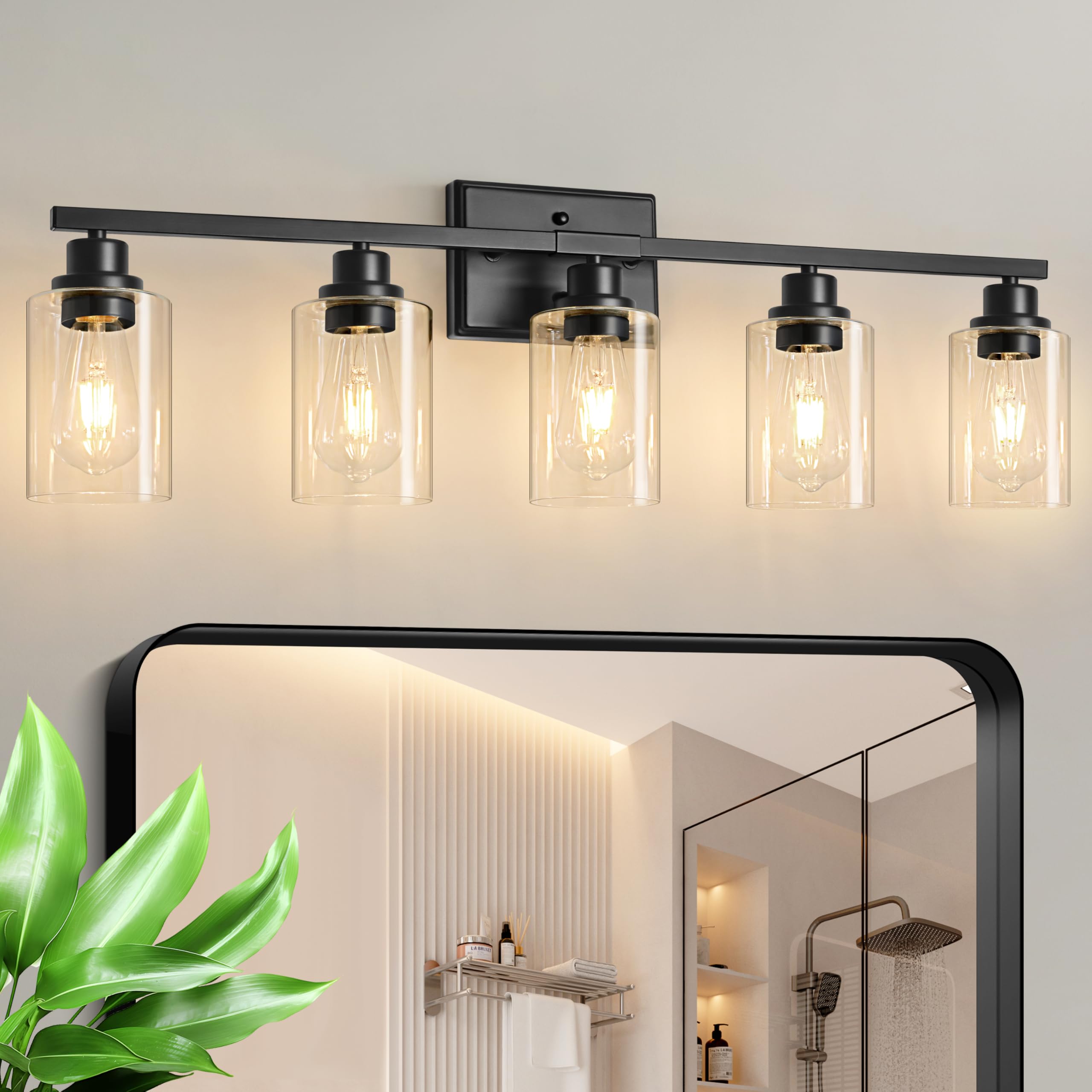 Photo 1 of Unicozin Modern Bathroom Light Fixtures, 5 Light Vanity Lights Over Mirror, Black Wall Lamp with Clear Glass for Living Room Cabinet Bedroom Porch