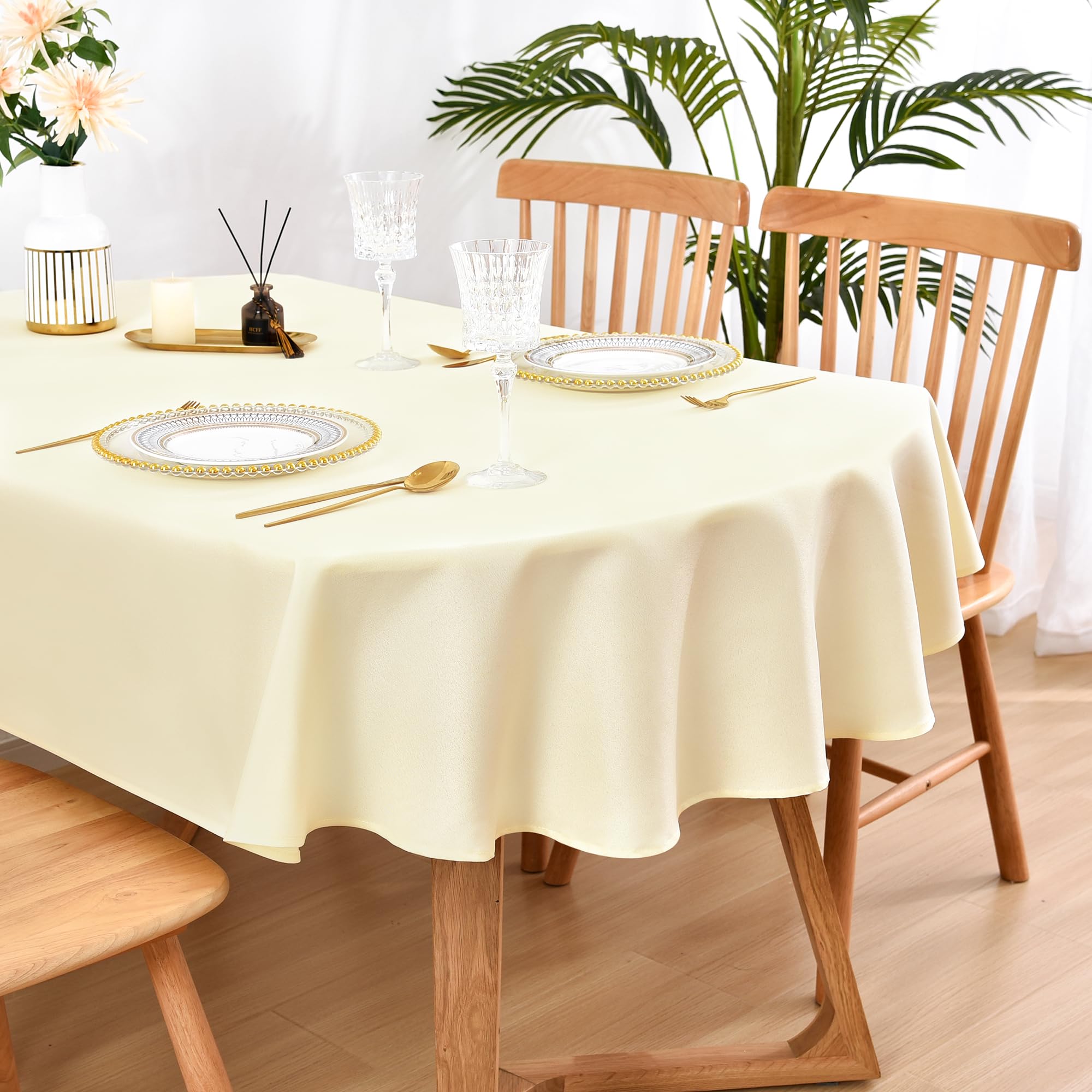 Photo 1 of Wolkemer Large Oval Tablecloth 60 x 120 Inch Washable Fabric Table Cloth Solid Ivory Table Cover for Dining Wedding Party Banquet Tabletop Decoration