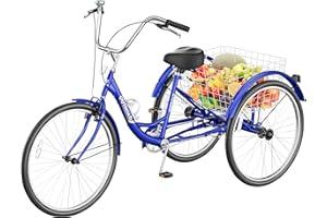 Max4out Adult Tricycle with Large Basket 24/26 Inch, Stable 3-Wheel Cruise Bicycle for Shopping, Beach and City Trike Perfect for Men, Women, Seniors Red/Blue/Purple