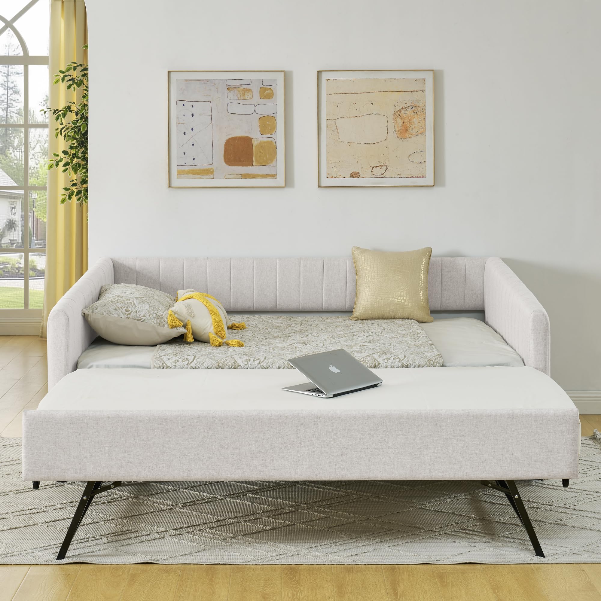 Photo 1 of *************INCOMPLETE ITEM, THIS IS ONLY BOX B AND DOES NOT INCLUDE BOX A****************
KEIKI Full Size Upholstery Daybed with Erectable Trundle and Vertical Stripes, Full to King Design Extendable Linen Sofa Bed, Easy Assembly, No Box Spring Required