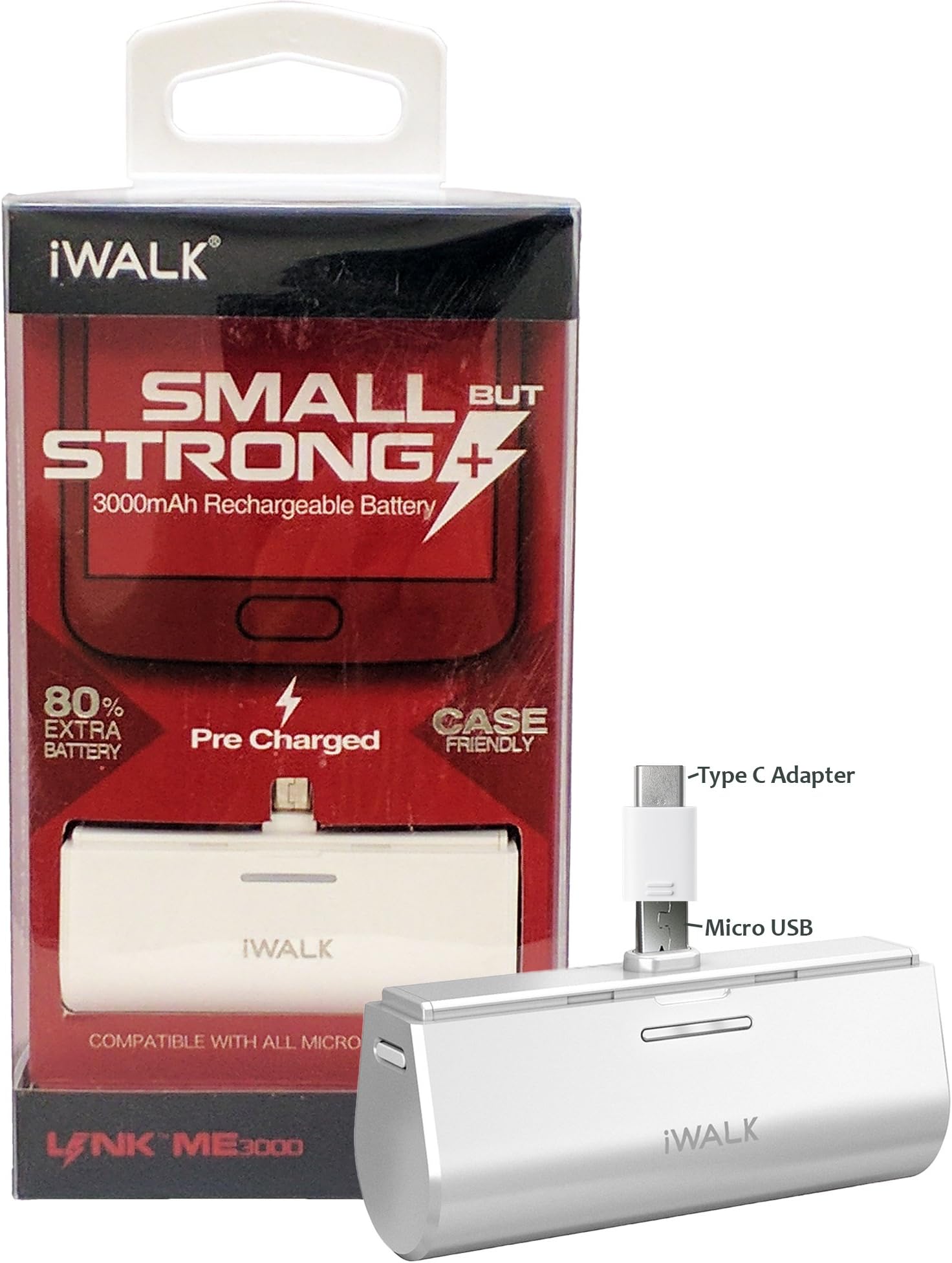 Official iWalk 3000mAh Link ME Battery Pack White- with Micro & TYPE C Adapter For Galaxy S6,S7,Edge,Note 5, S8,Note8,+,Pixel,XL,G5,G6 (Retail Packing)