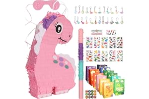 Auihiay 51 PCS Dinosaur Pinata Set for Birthday Party, Pink Dino Pinata with Stick and Blindfold, Pinata for Dinosaur Theme Parties, Animal Theme Pinatas Parties