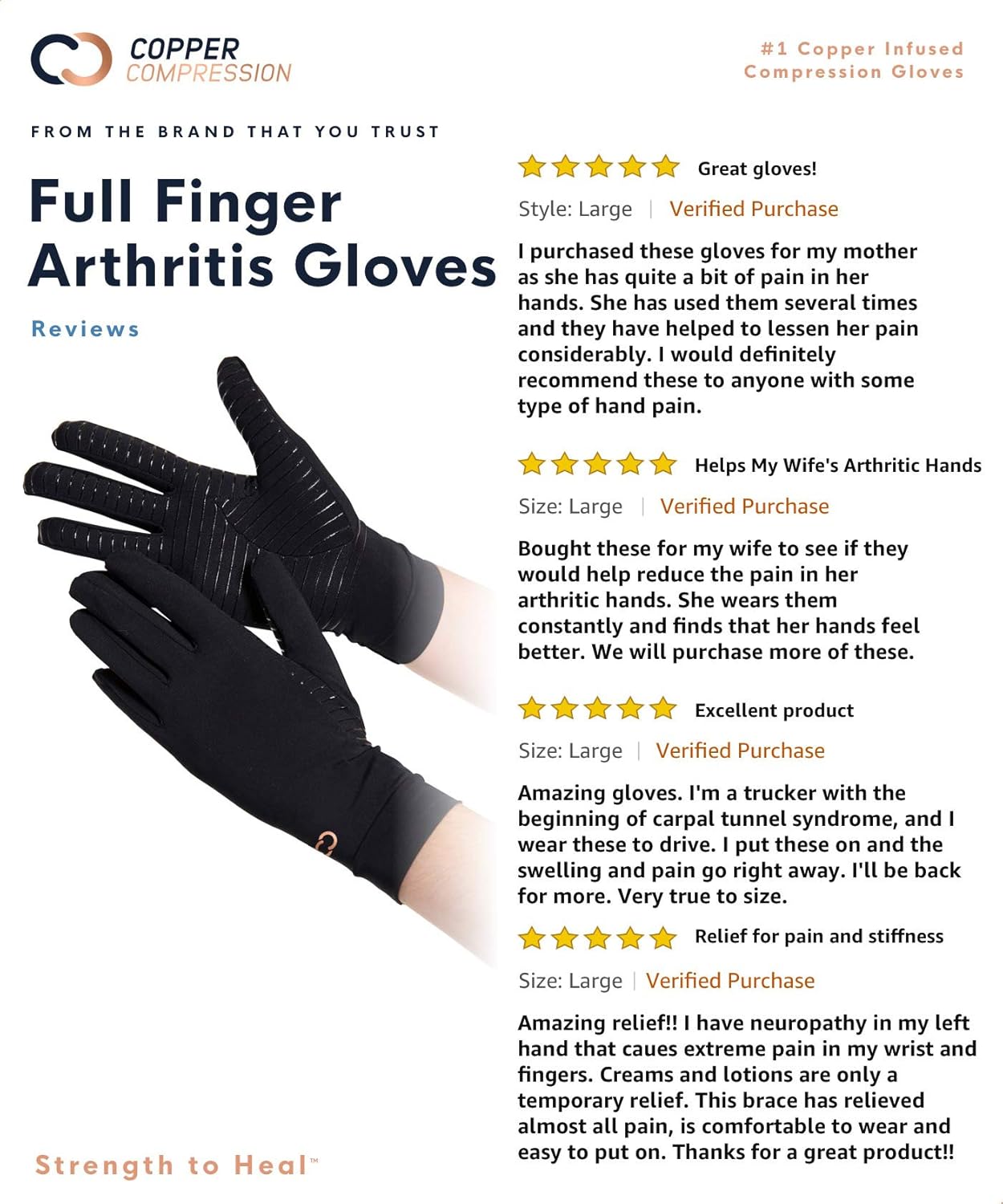 Copper Compression Full Finger Arthritis Gloves. Highest Copper Content Guaranteed. Copper Provides Added Protection. Best Copper Infused Glove for Carpal Tunnel, Typing, Fit for Men & Women (Medium): Health & Personal Care