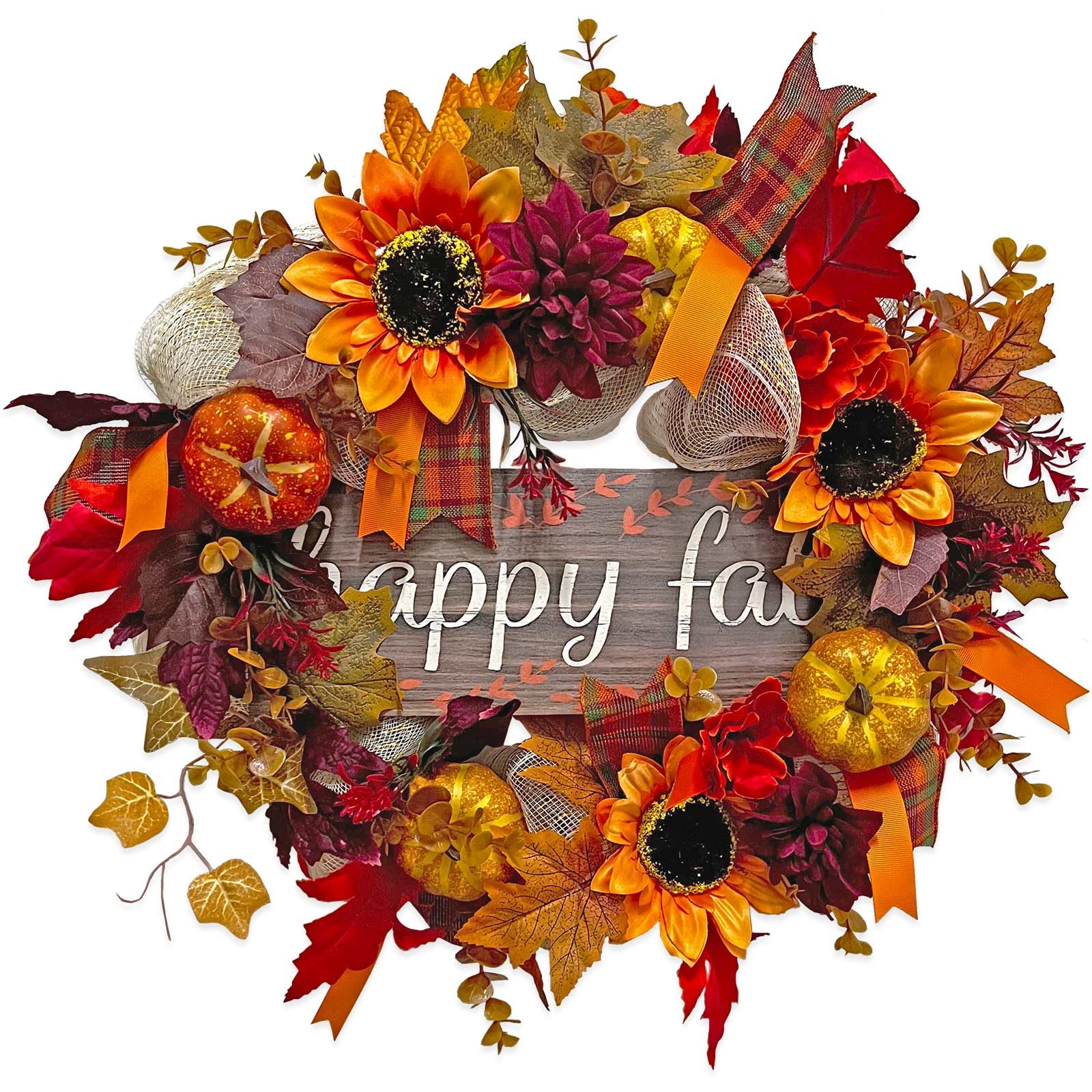 Photo 1 of 20 Inch Artificial Fall Wreaths for Home Front Door Rustic Autumn Wreath with Pumpkin, Sunflower, Mixed Leaves, Happy Fall Sign, Large Wreath for Halloween Thanksgiving Indoor Outdoor Decorations