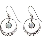 White Opal earrings, Sterling silver 925 dangle earring for women, Open hoop with stone dangle in the center, Hammered silver earrings, Unique silver earrings
