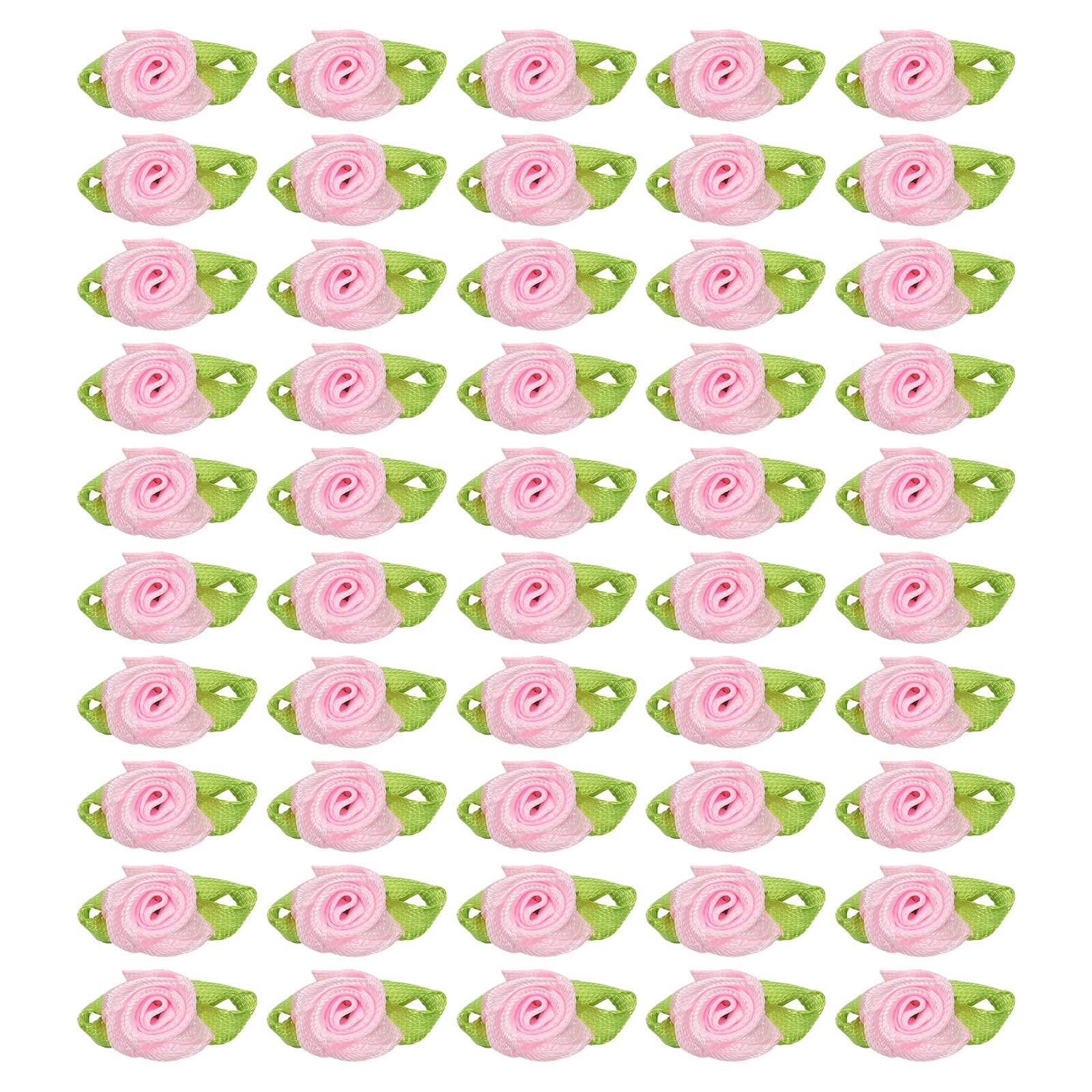 PATIKIL 15mm Tiny Satin Ribbon Rose, 50 Pcs Fabric Flowers Embellishments Rosettes Applique with Green Leaves for DIY Crafts Wedding Decor, Pink
