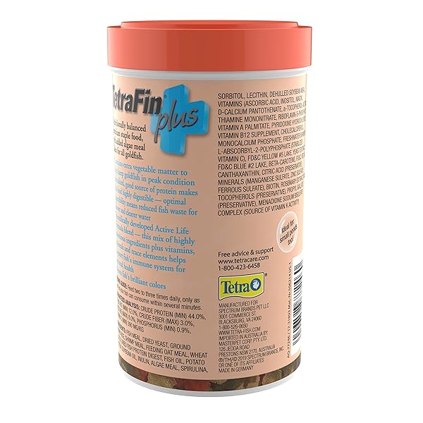 TETRAFIN PLUS GOLDFISH FLAKES 2.2 OUNCES, BALANCED DIET, WITH ALGAE TO PROMOTE HEALTH,ORANGES